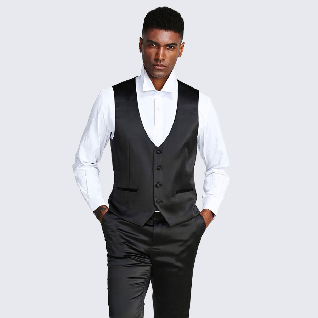 Black Slim Fit Satin Tuxedo – Four Piece Set