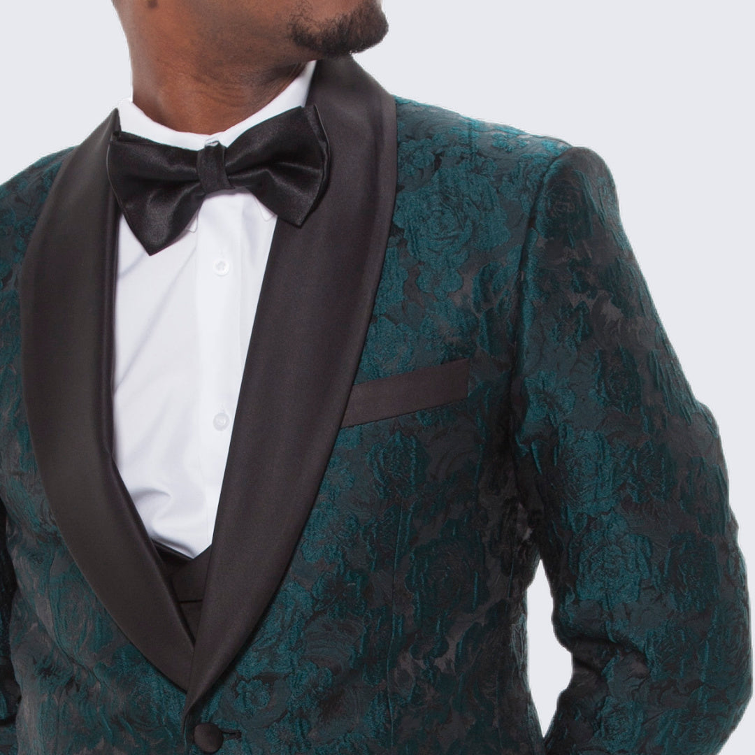 Hunter Green Floral Tuxedo with Shawl Lapel – 4 Piece Slim Fit Set