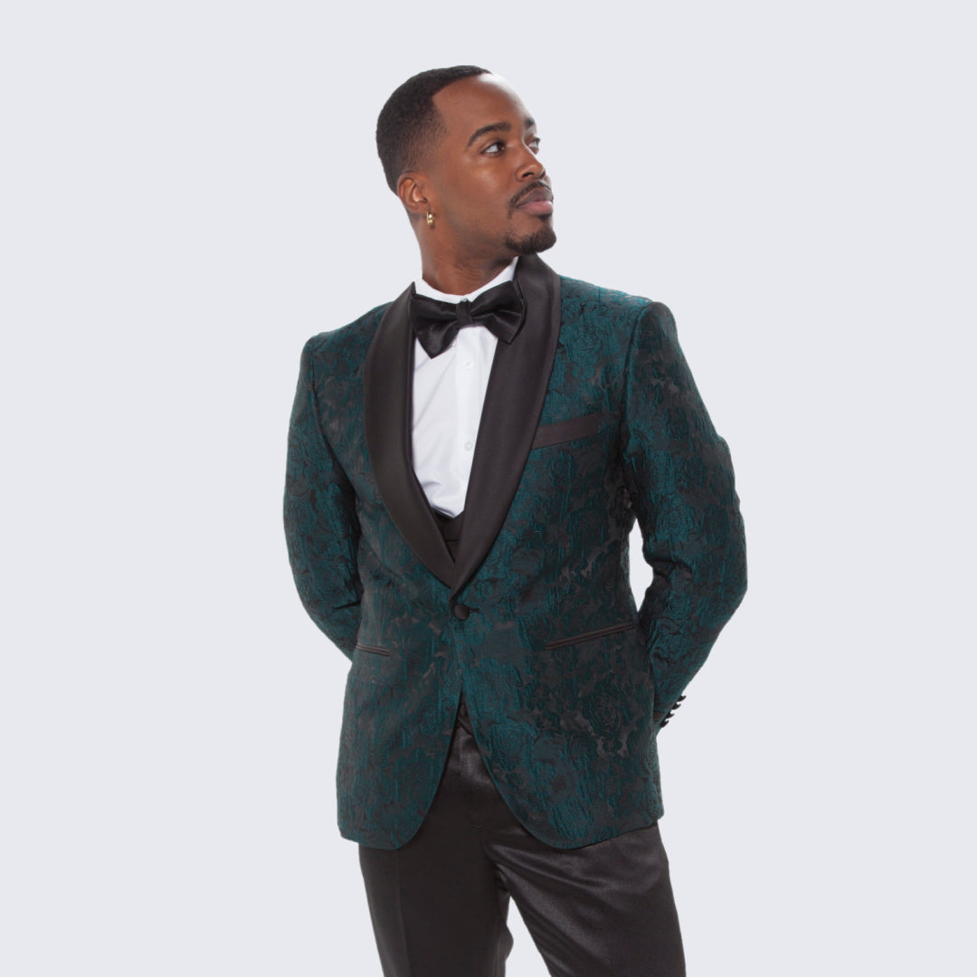 Hunter Green Floral Tuxedo with Shawl Lapel – 4 Piece Slim Fit Set
