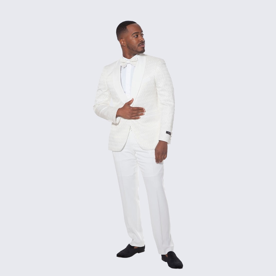 Ivory Textured Jacquard Tuxedo 4-Piece Set with Shawl Lapel – Wedding & Prom