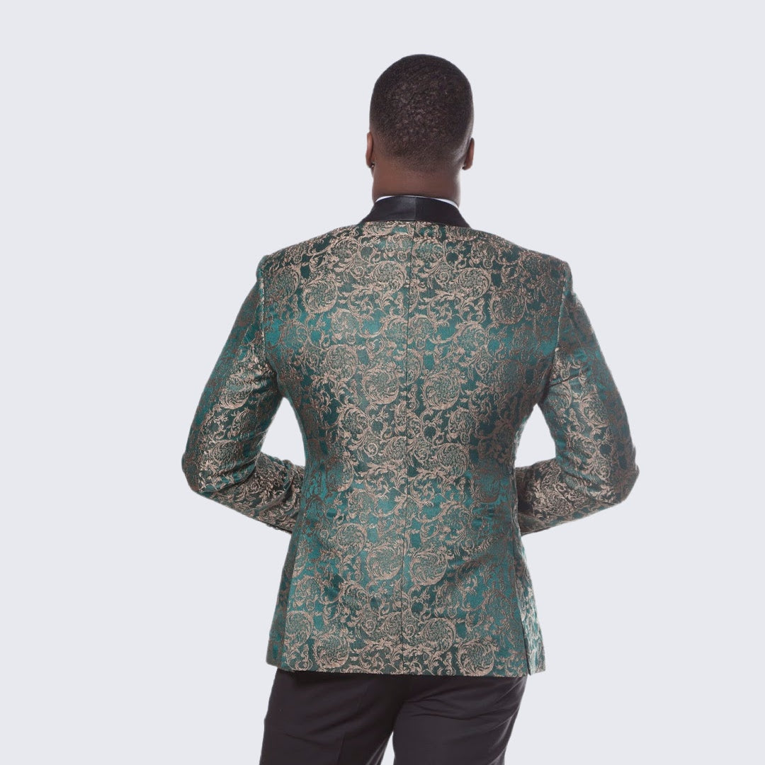 Green & Gold Pattern Tuxedo 4-Piece Set with Shawl Lapel – Wedding & Prom