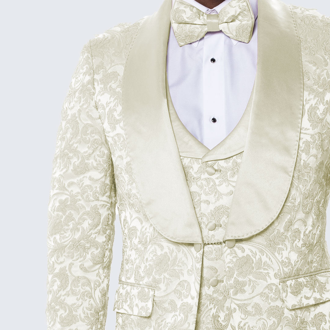 Ivory Floral Tuxedo Set with Wide Shawl Lapel β Wedding & Prom