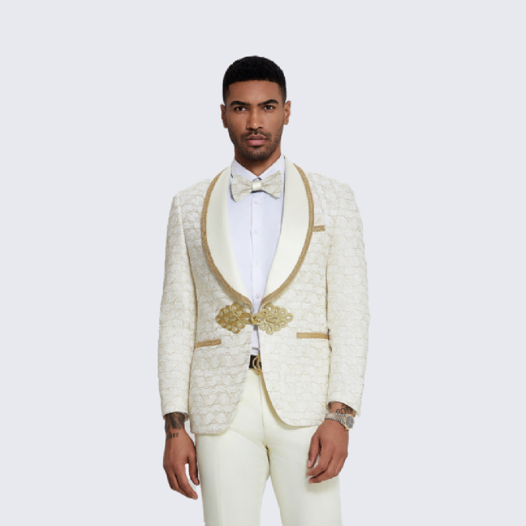 Ivory & Gold Paisley Tuxedo with Ornate Clasp β Wedding & Prom