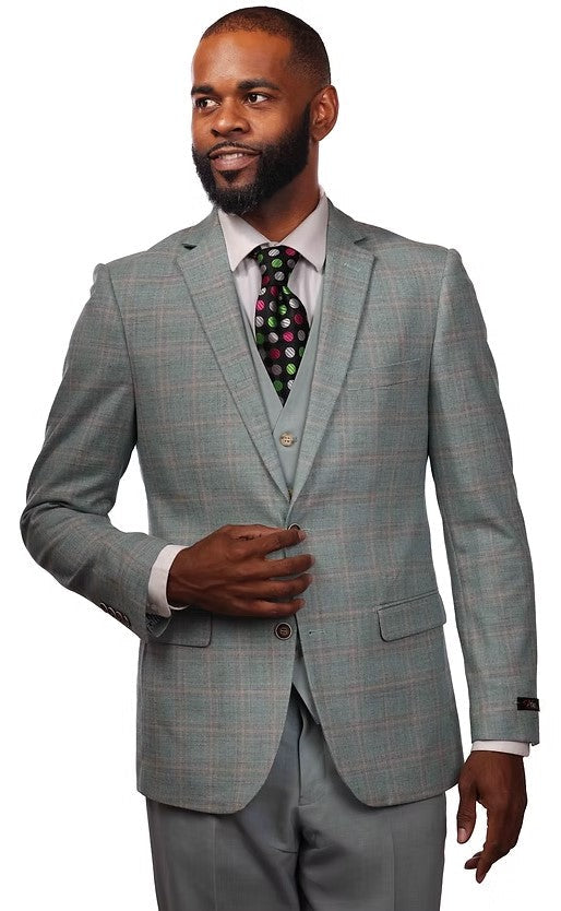 Vitali Sea Foam Plaid Modern Fit Vested Suit M6012