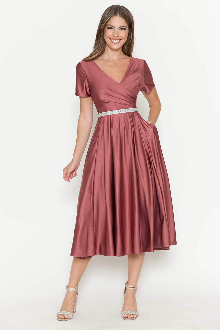 Lenovia 5274 V-Neck Short Sleeve Midi Cocktail Dress with Rhinestone Waist Formal & Wedding Guest Attire
