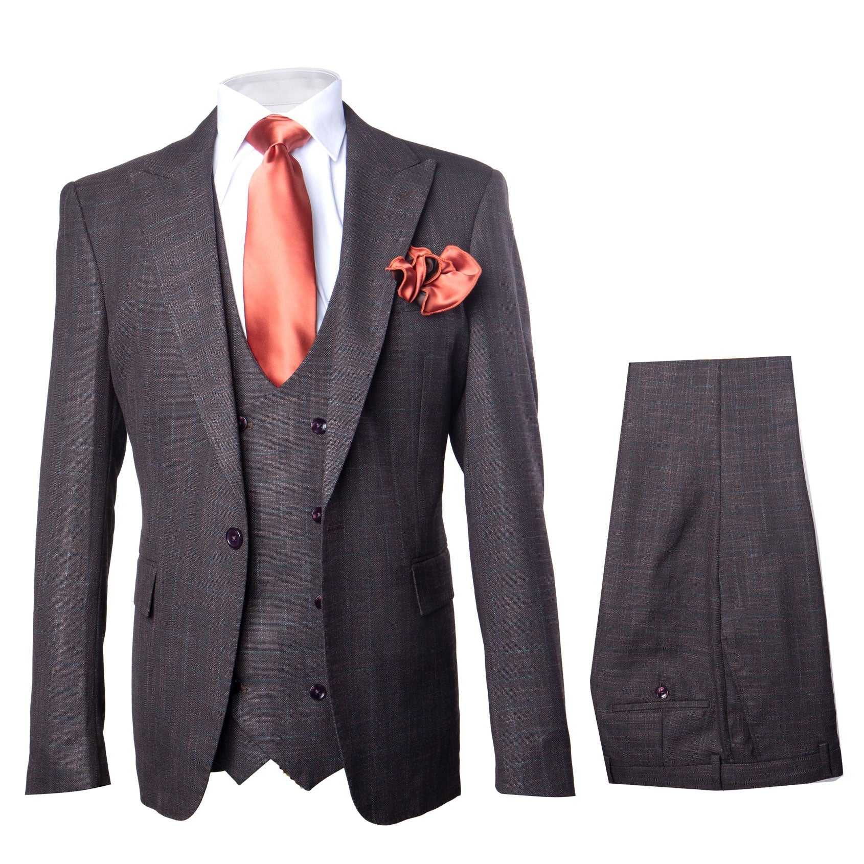 ROSSI MAN Slim Fit Brown Tweed 3 Piece Suit