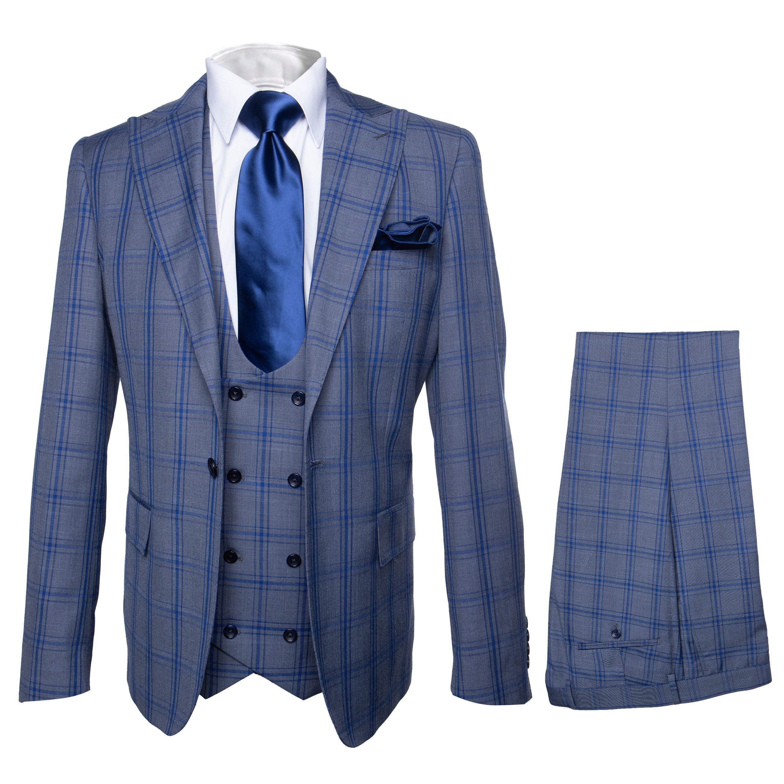 Rossi Man MAX RM1823 Blue Plaid Slim 3-Piece Suit