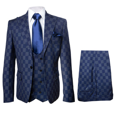 Rossi Man MAX RM1838 Navy Check 3-Piece Slim Suit