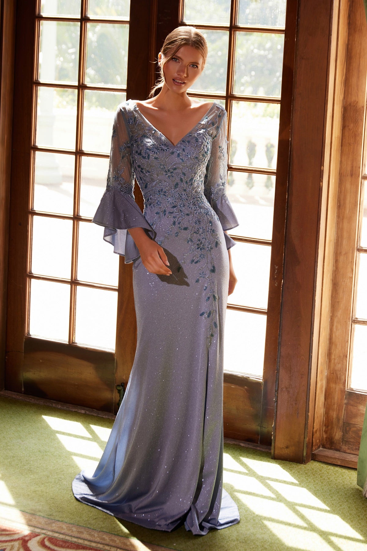 Nox Anabel MD129 Elegant Mother of Bride Dress Appliqué Bell Sleeve Slit Evening Gown