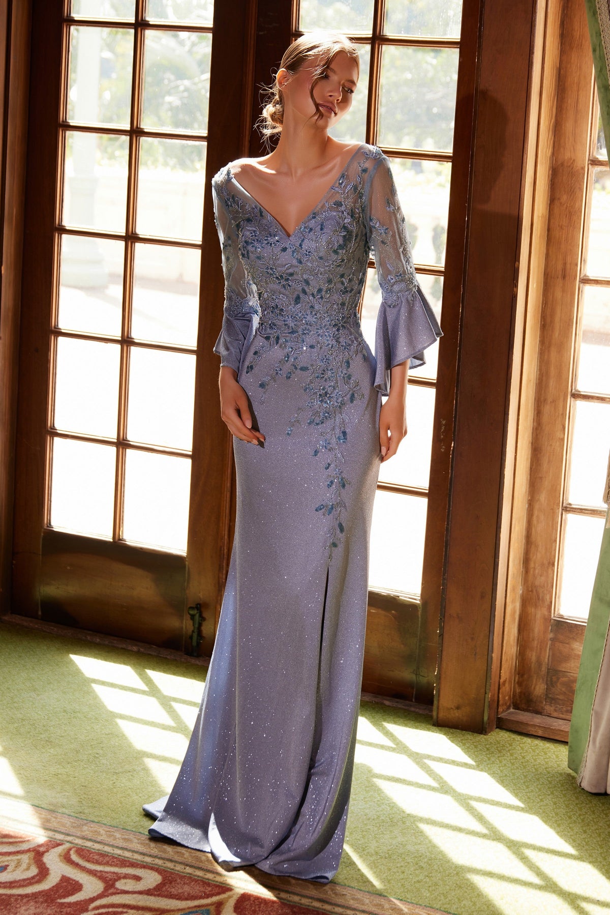 Nox Anabel MD129 Elegant Mother of Bride Dress Appliqué Bell Sleeve Slit Evening Gown