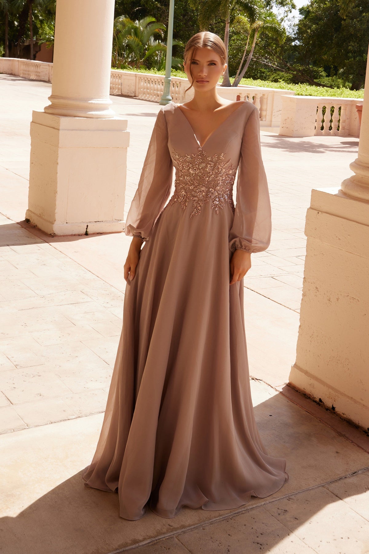 Nox Anabel ME128 Flowing Chiffon Gown with Long Sleeves
