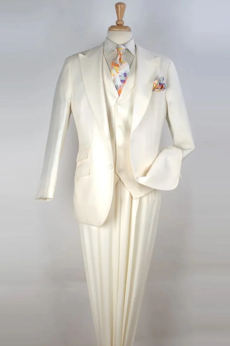 White Peak Lapel Wool Vested Suit for Men