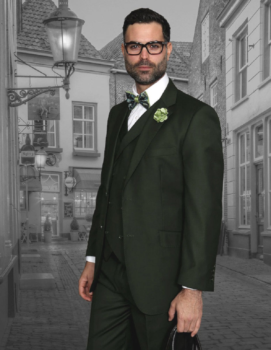 Olive Green Pleated Pant Suit with Vest