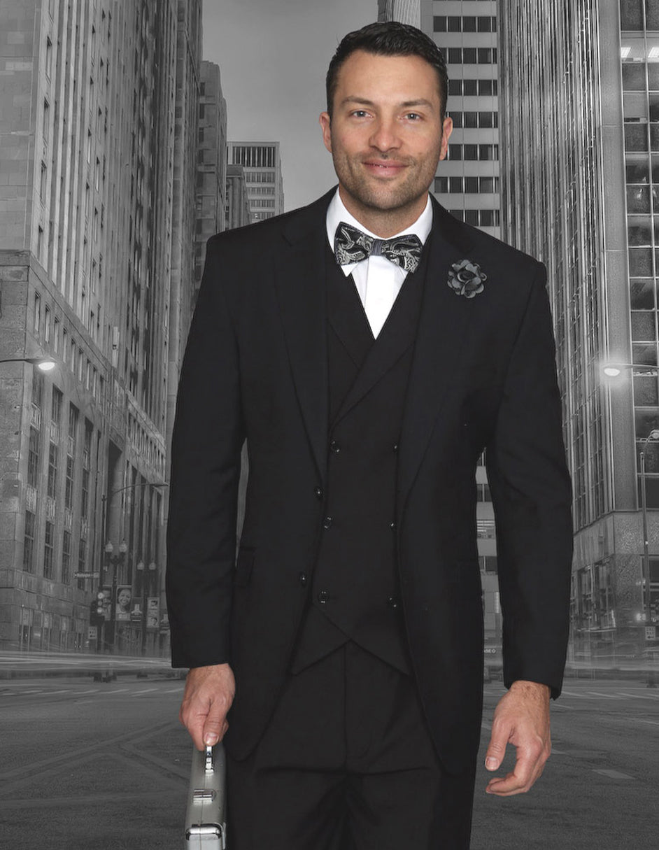 Classic Fit Pleated Suit with Vest - Black