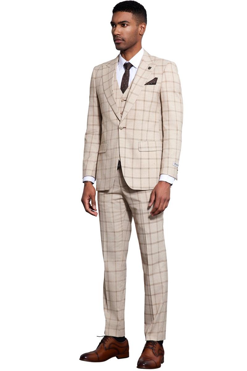 Stacy Adams One Button Windowpane Plaid Suit Tan