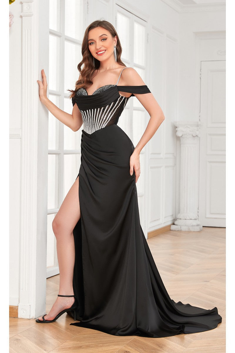 High Couture MJ1001 Beaded Slit Long Formal Corset Prom Dress