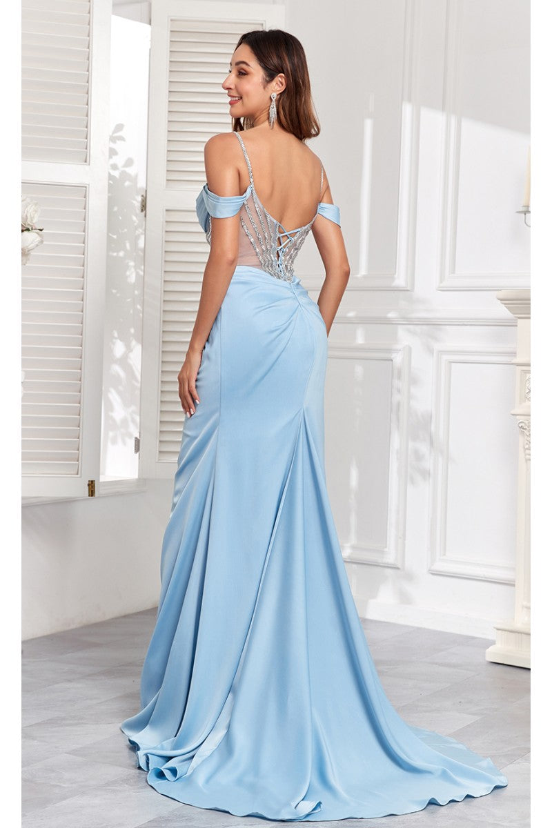 High Couture MJ1001 Beaded Slit Long Formal Corset Prom Dress