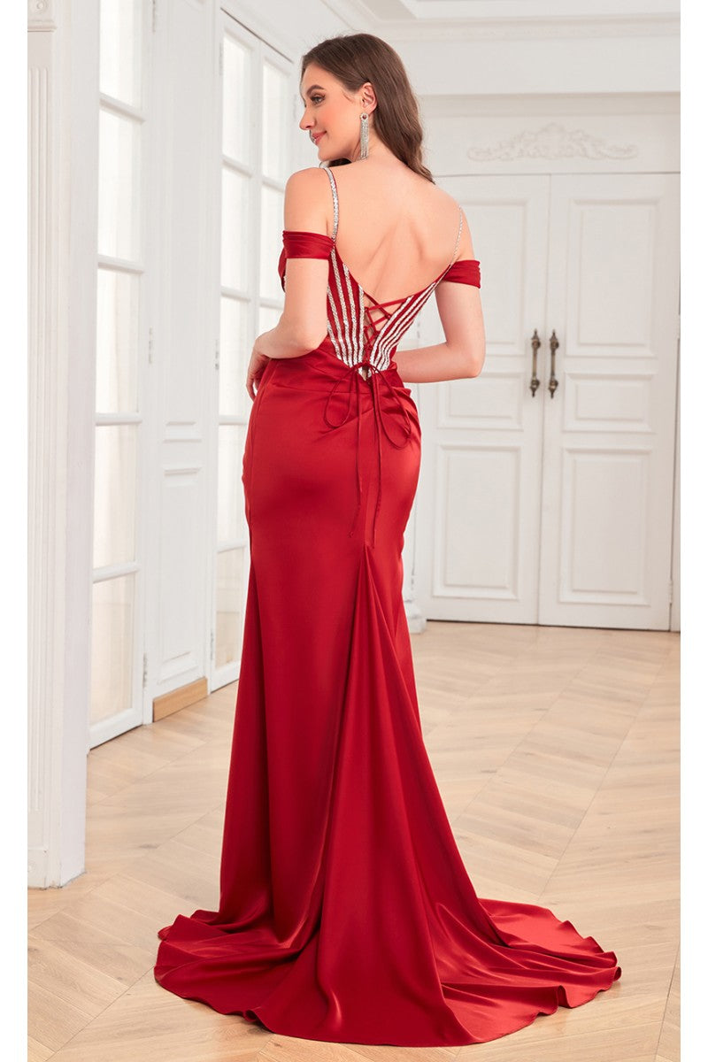 High Couture MJ1001 Beaded Slit Long Formal Corset Prom Dress