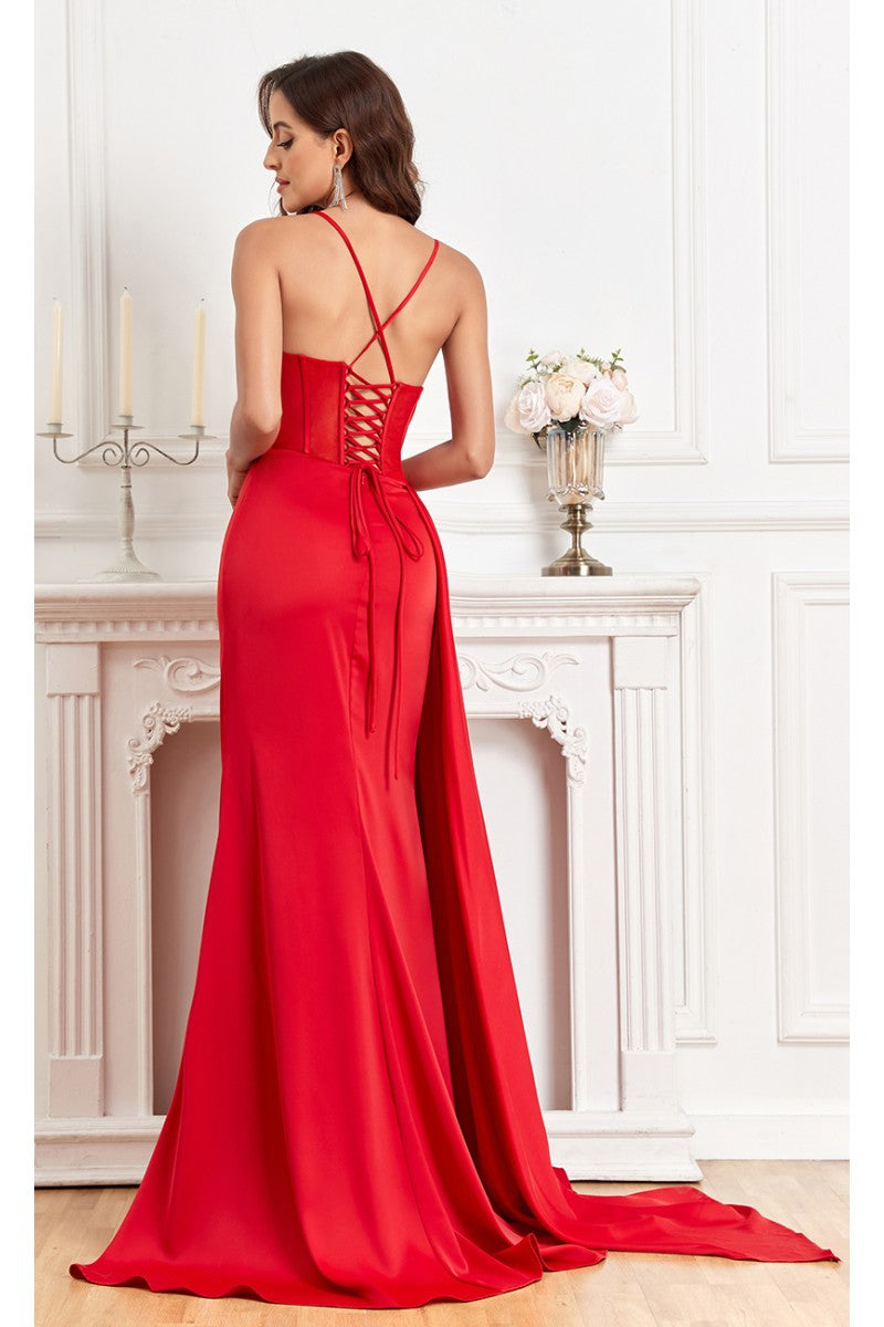 High Couture MJ1003 Fitted Corset Long Formal Slit Prom Dress