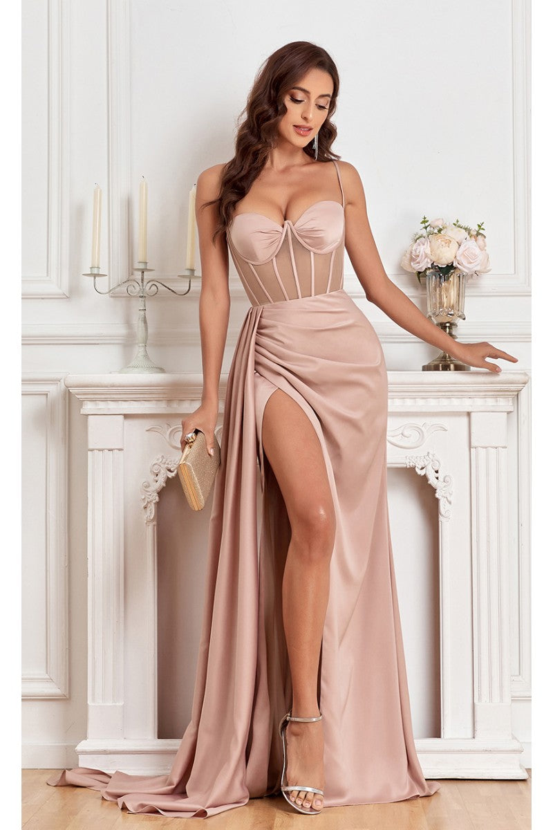 High Couture MJ1003 Fitted Corset Long Formal Slit Prom Dress