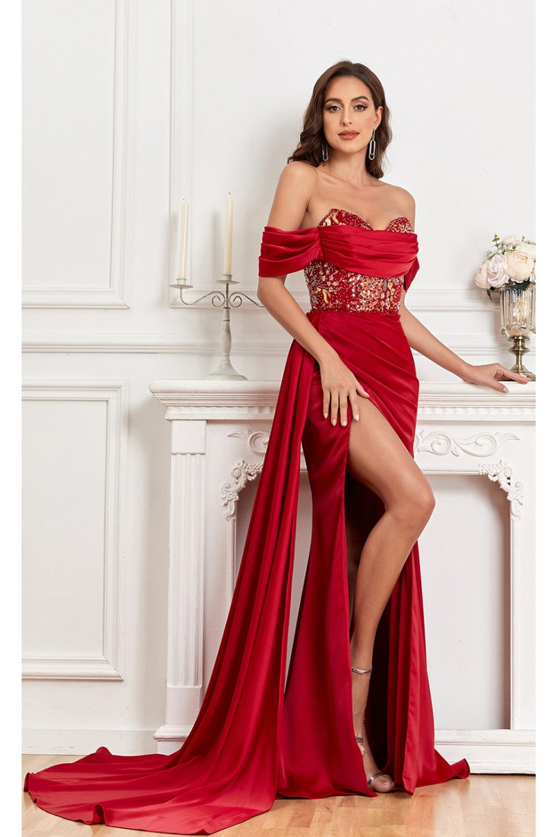 High Couture MJ1005 Fitted Prom Long Formal Beaded Slit Evening Gown