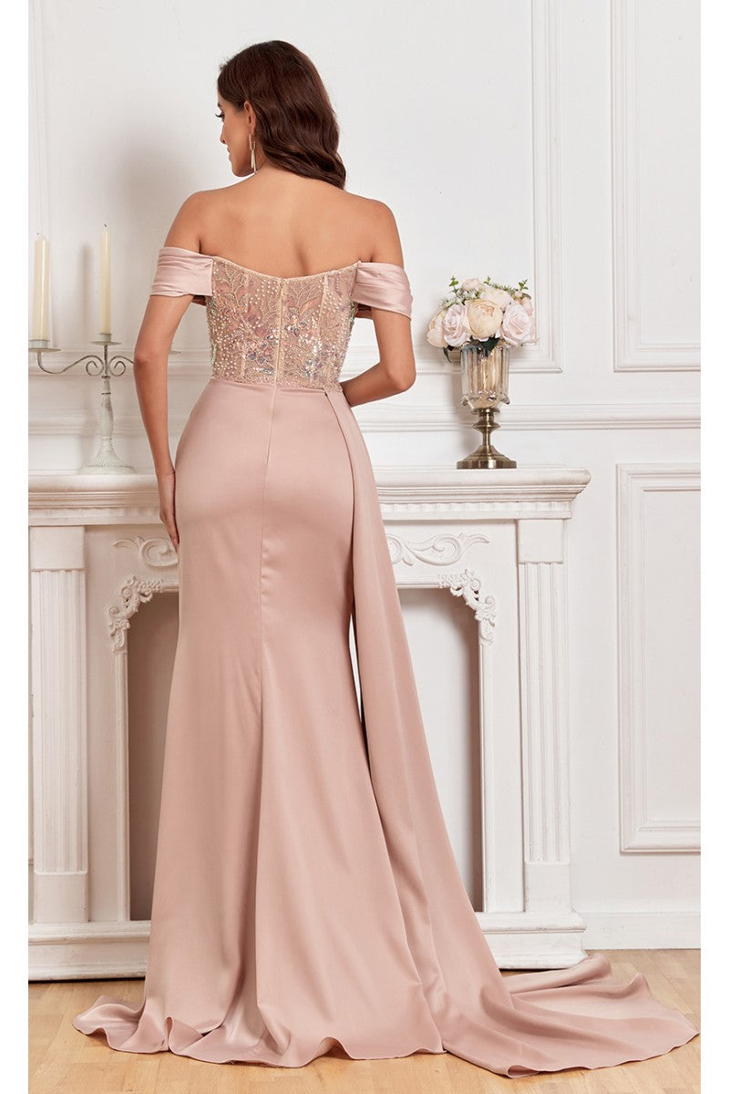 High Couture MJ1005 Fitted Prom Long Formal Beaded Slit Evening Gown