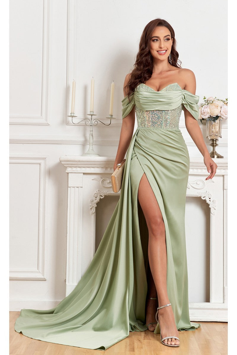 High Couture MJ1005 Fitted Prom Long Formal Beaded Slit Evening Gown