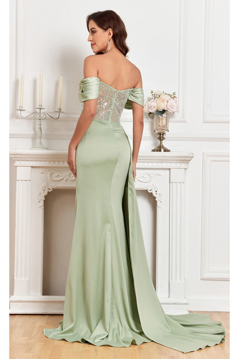 High Couture MJ1005 Fitted Prom Long Formal Beaded Slit Evening Gown