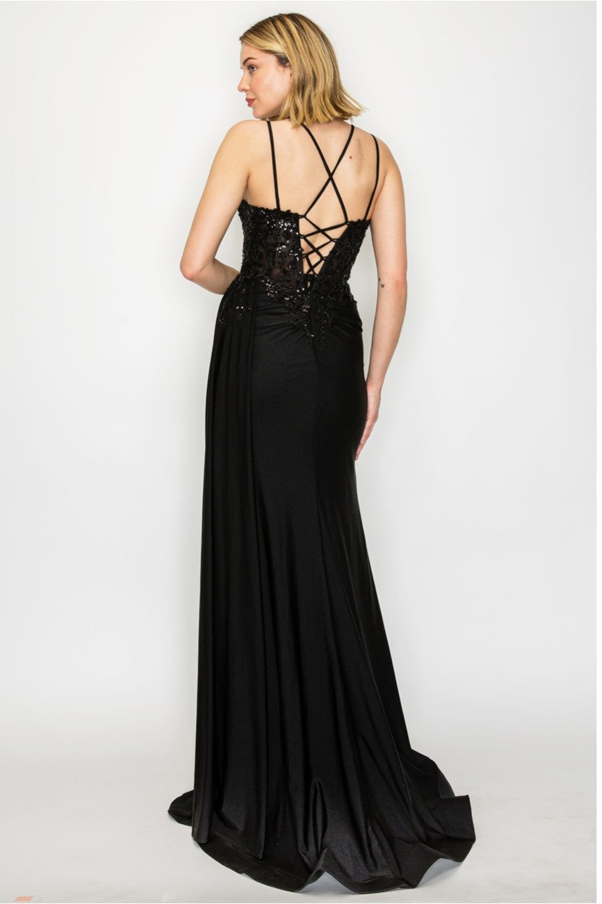 High Couture MJ1014 Prom Long Corset Slit Fitted Formal Dress