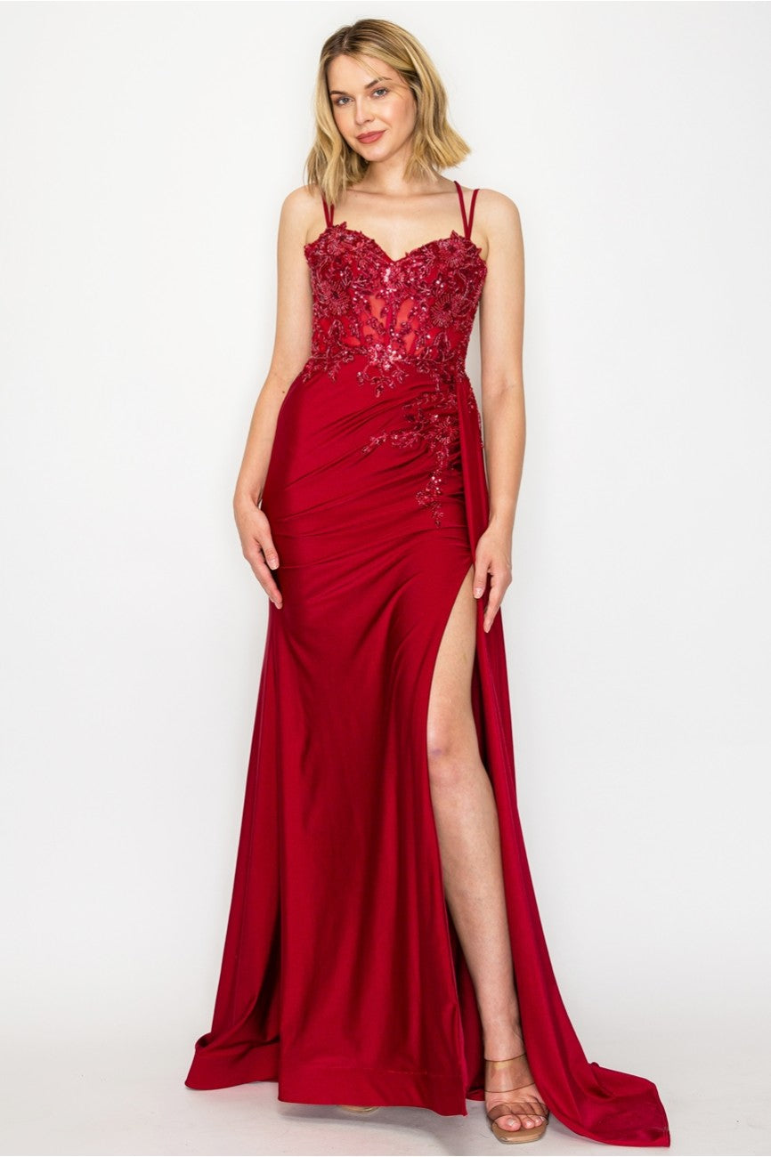 High Couture MJ1014 Prom Long Corset Slit Fitted Formal Dress