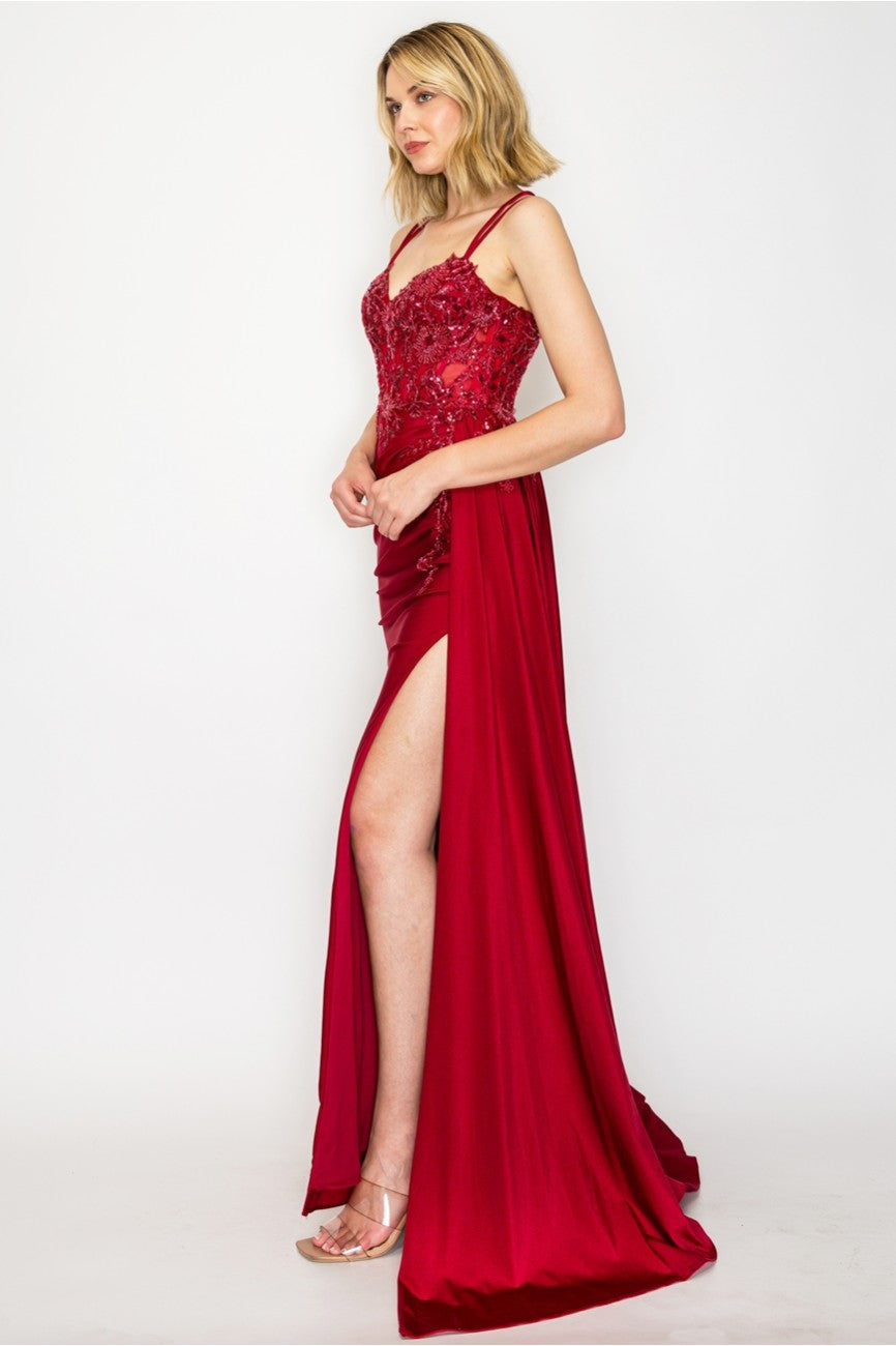 High Couture MJ1014 Prom Long Corset Slit Fitted Formal Dress