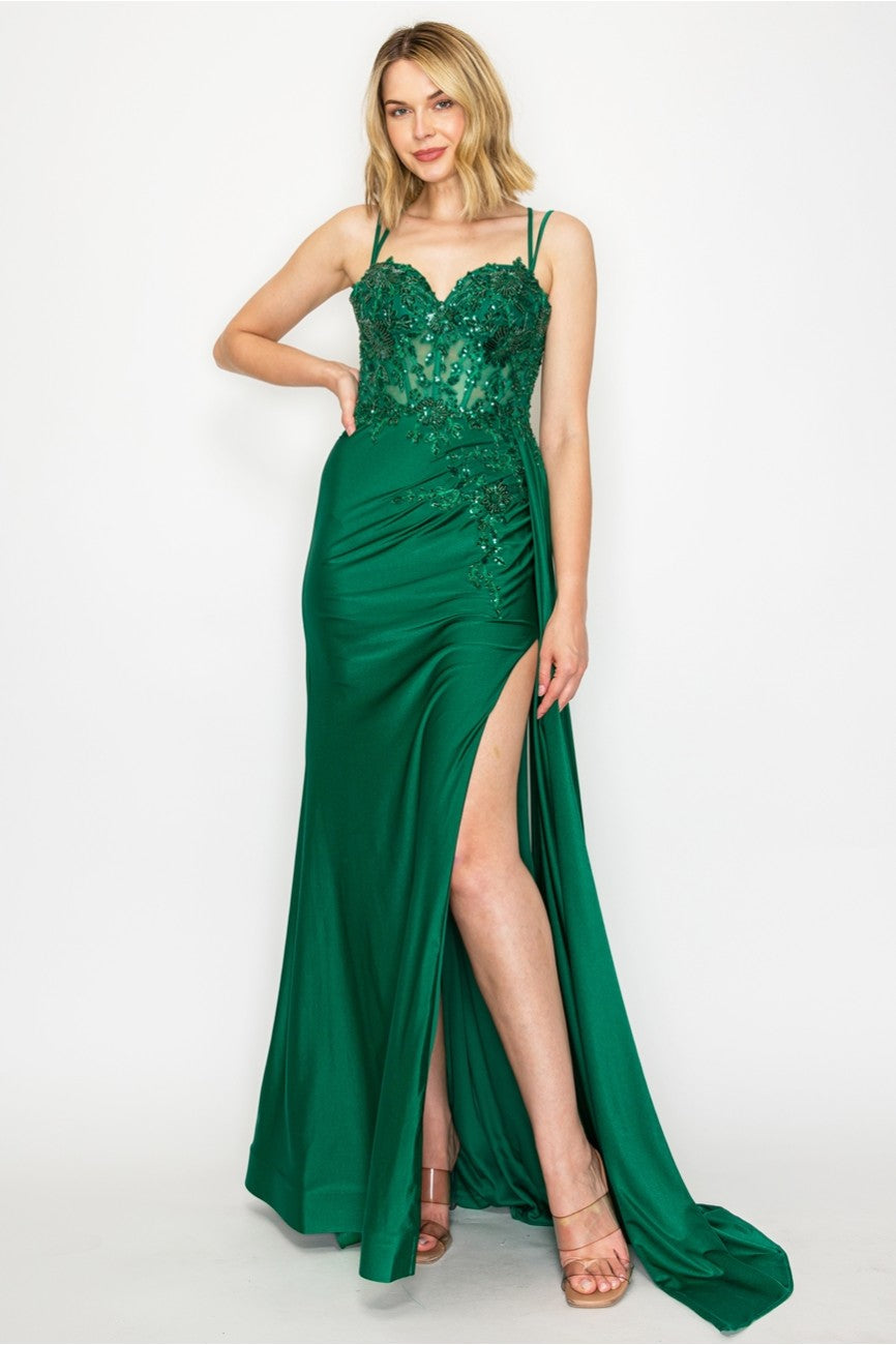 High Couture MJ1014 Prom Long Corset Slit Fitted Formal Dress