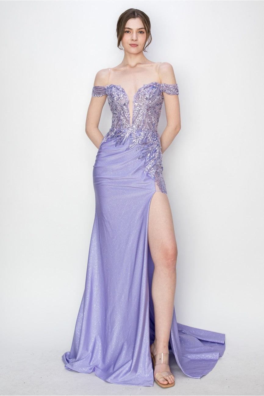 High Couture MJ1018 Prom Long Formal Glitter Applique Dress