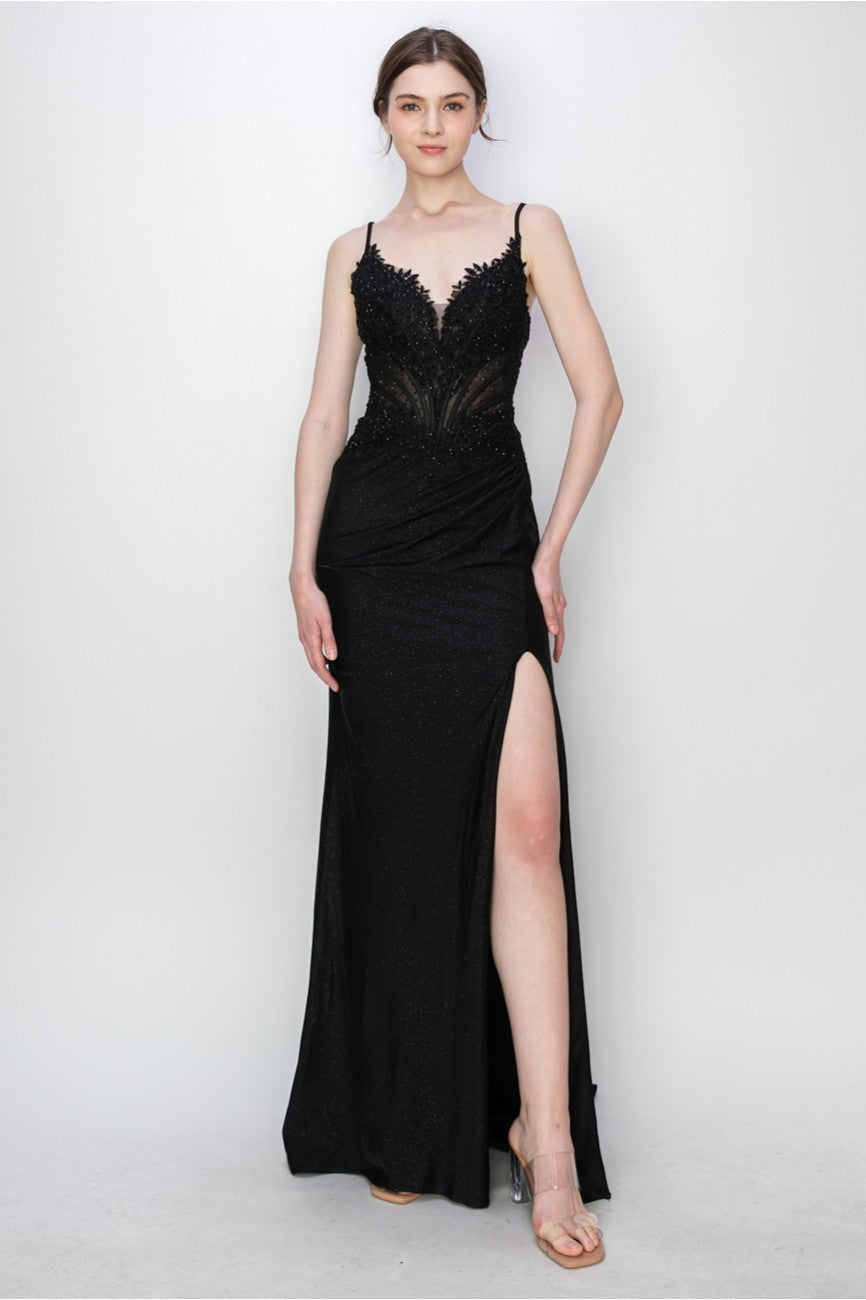 High Couture MJ1019 Long Formal Fitted Corset Slit Evening Prom Gown