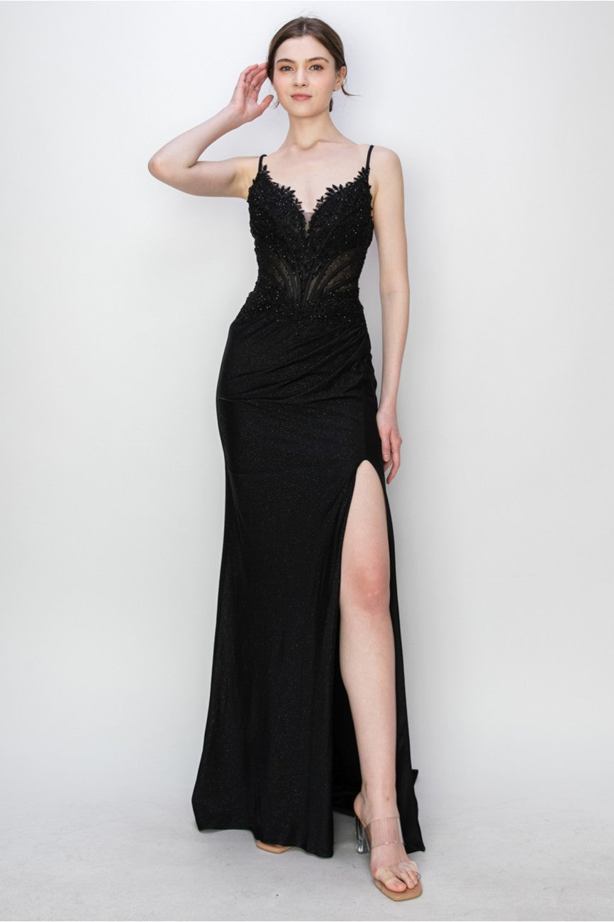High Couture MJ1019 Long Formal Fitted Corset Slit Evening Prom Gown