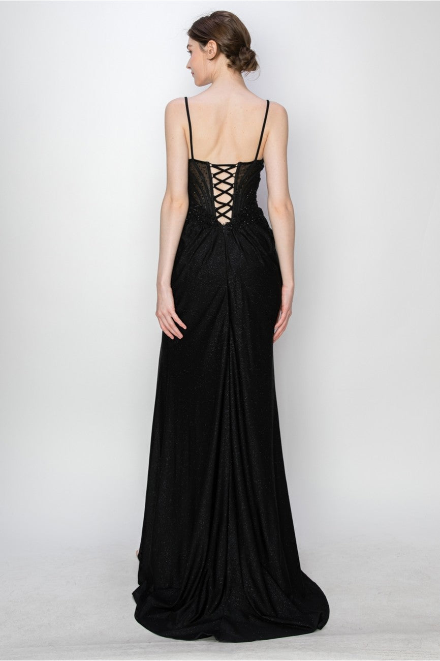 High Couture MJ1019 Long Formal Fitted Corset Slit Evening Prom Gown