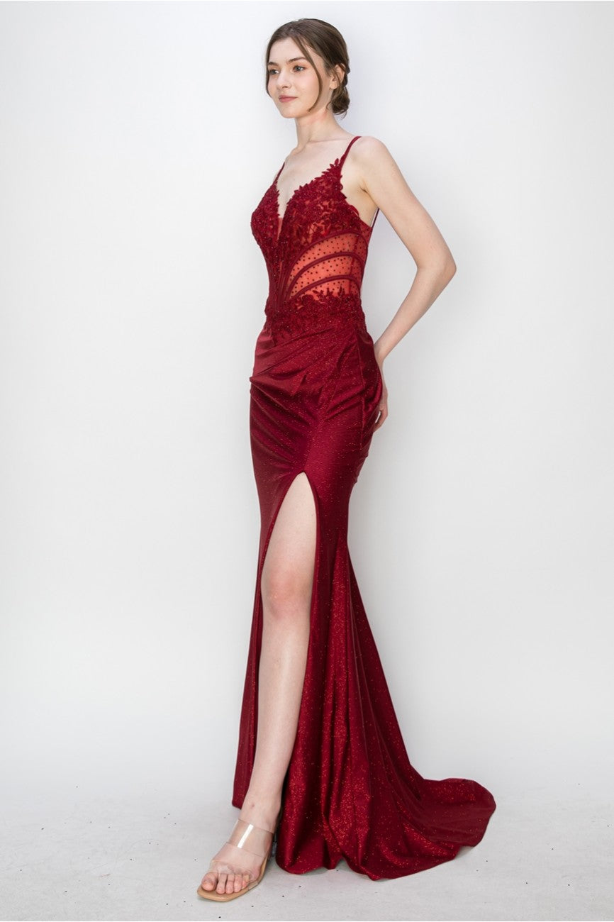 High Couture MJ1019 Long Formal Fitted Corset Slit Evening Prom Gown