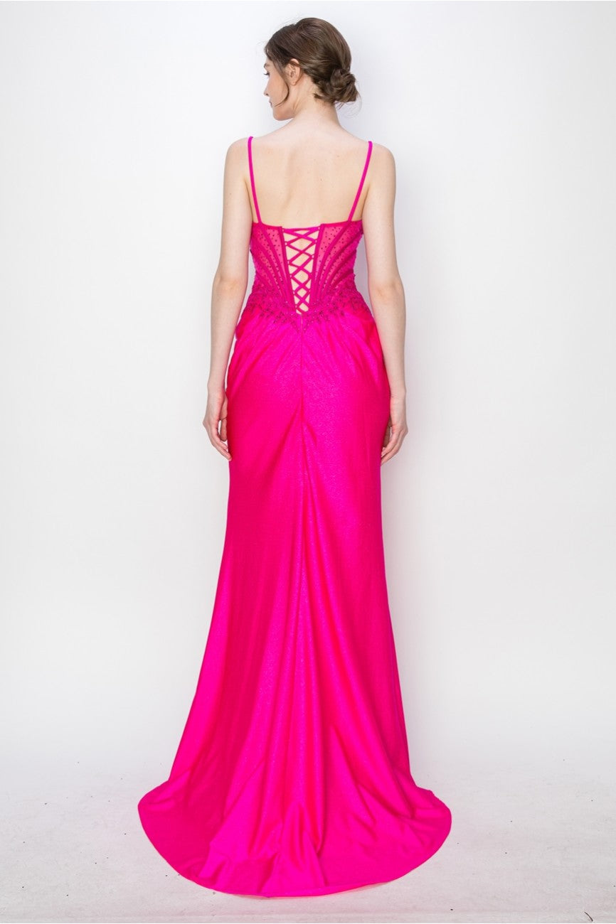 High Couture MJ1019 Long Formal Fitted Corset Slit Evening Prom Gown