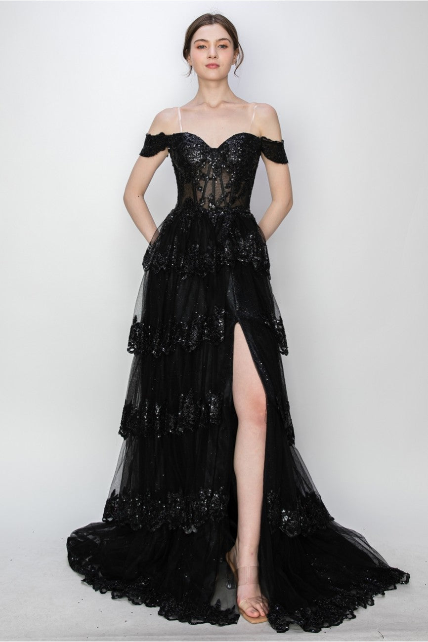 High Couture MJ1020 Long Ball Gown Formal Tiered Prom Dress