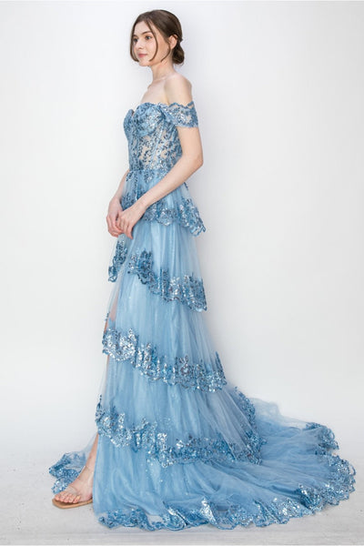 High Couture MJ1020 Long Ball Gown Formal Tiered Prom Dress