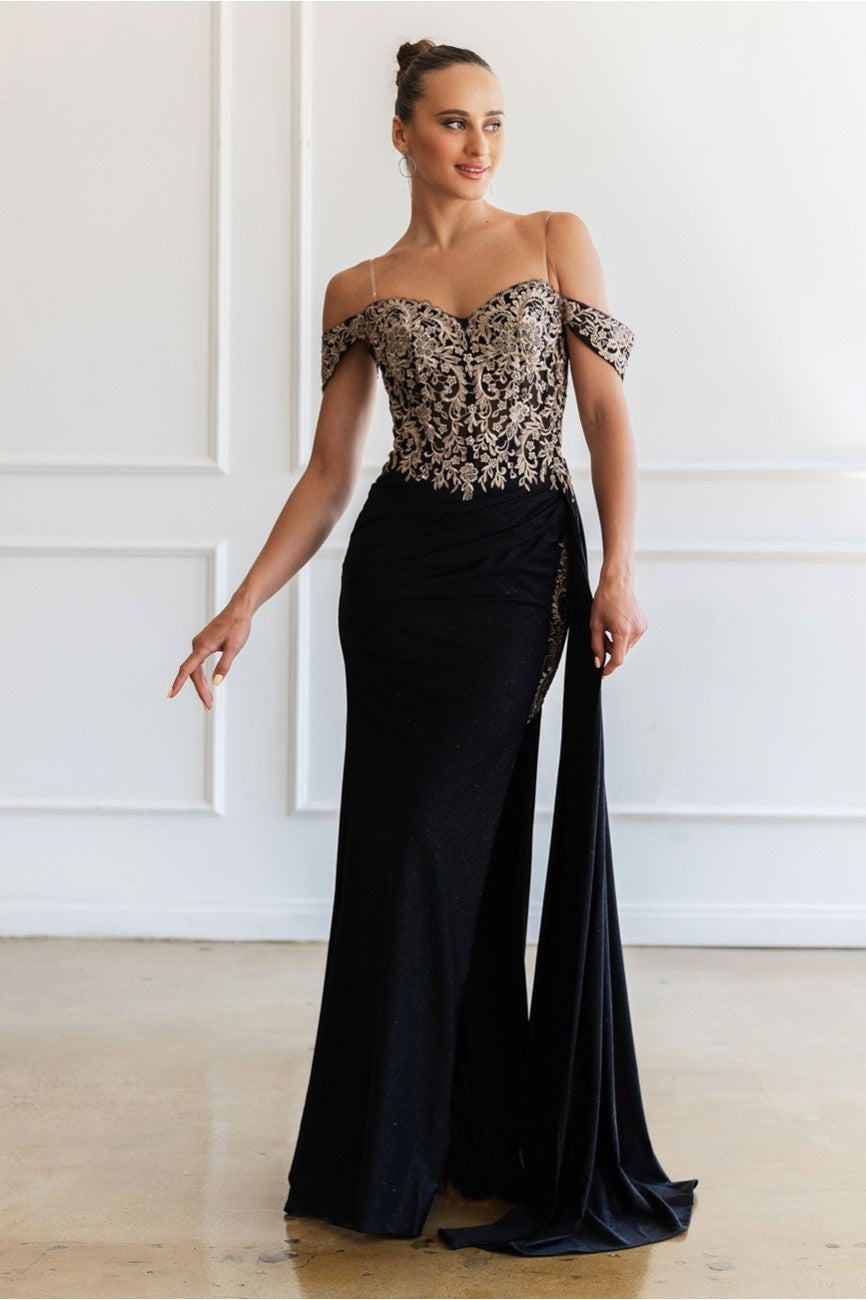 High Couture MJ1021 Glitter Long Formal Lace Applique Prom Dress