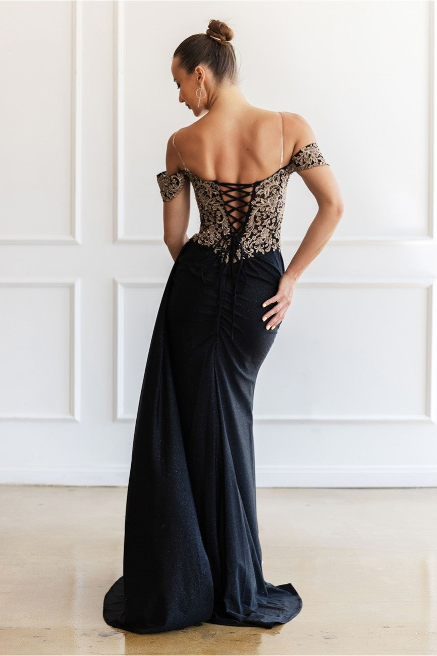 High Couture MJ1021 Glitter Long Formal Lace Applique Prom Dress