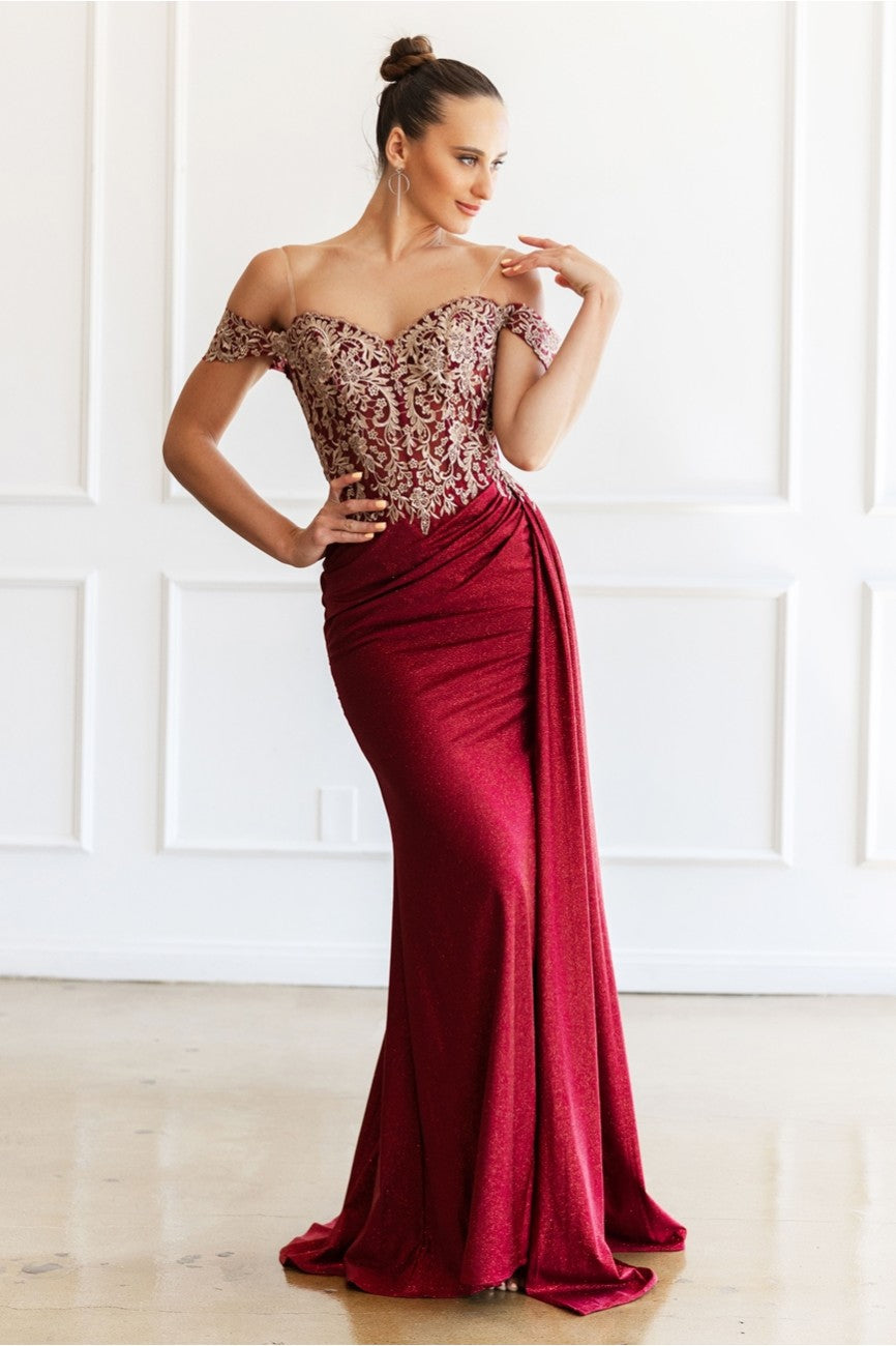 High Couture MJ1021 Glitter Long Formal Lace Applique Prom Dress