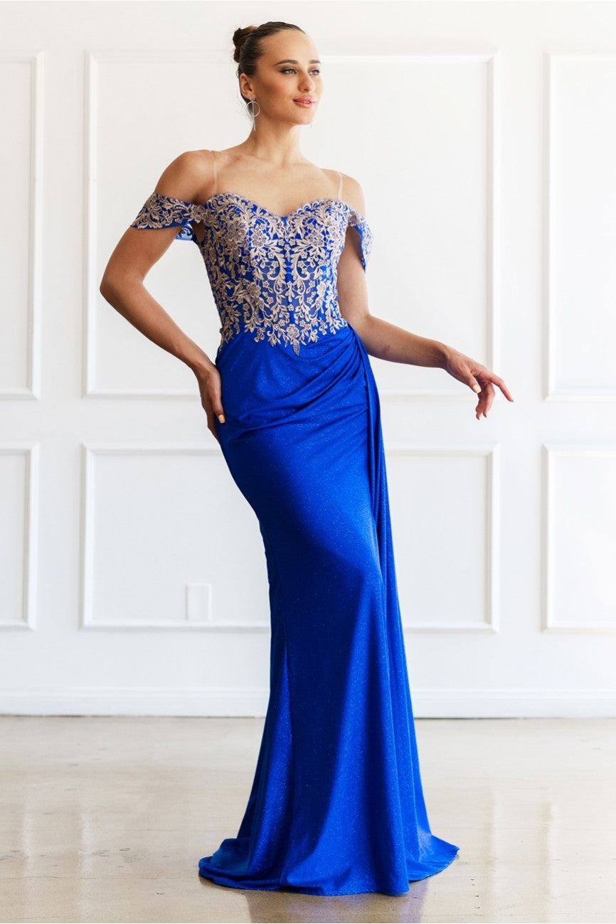 High Couture MJ1021 Glitter Long Formal Lace Applique Prom Dress