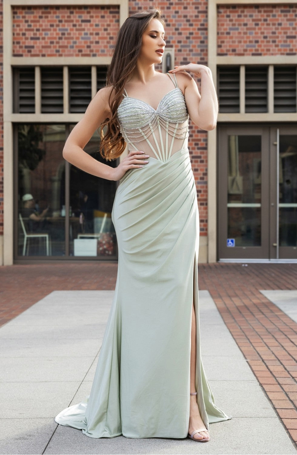 High Couture MJ1023 Long Slit Beaded Formal Prom Dress