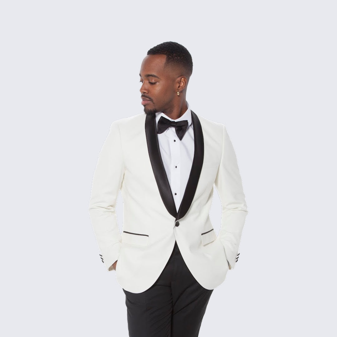 Ivory Tuxedo Jacket with Black Satin Shawl Lapel – Slim Fit