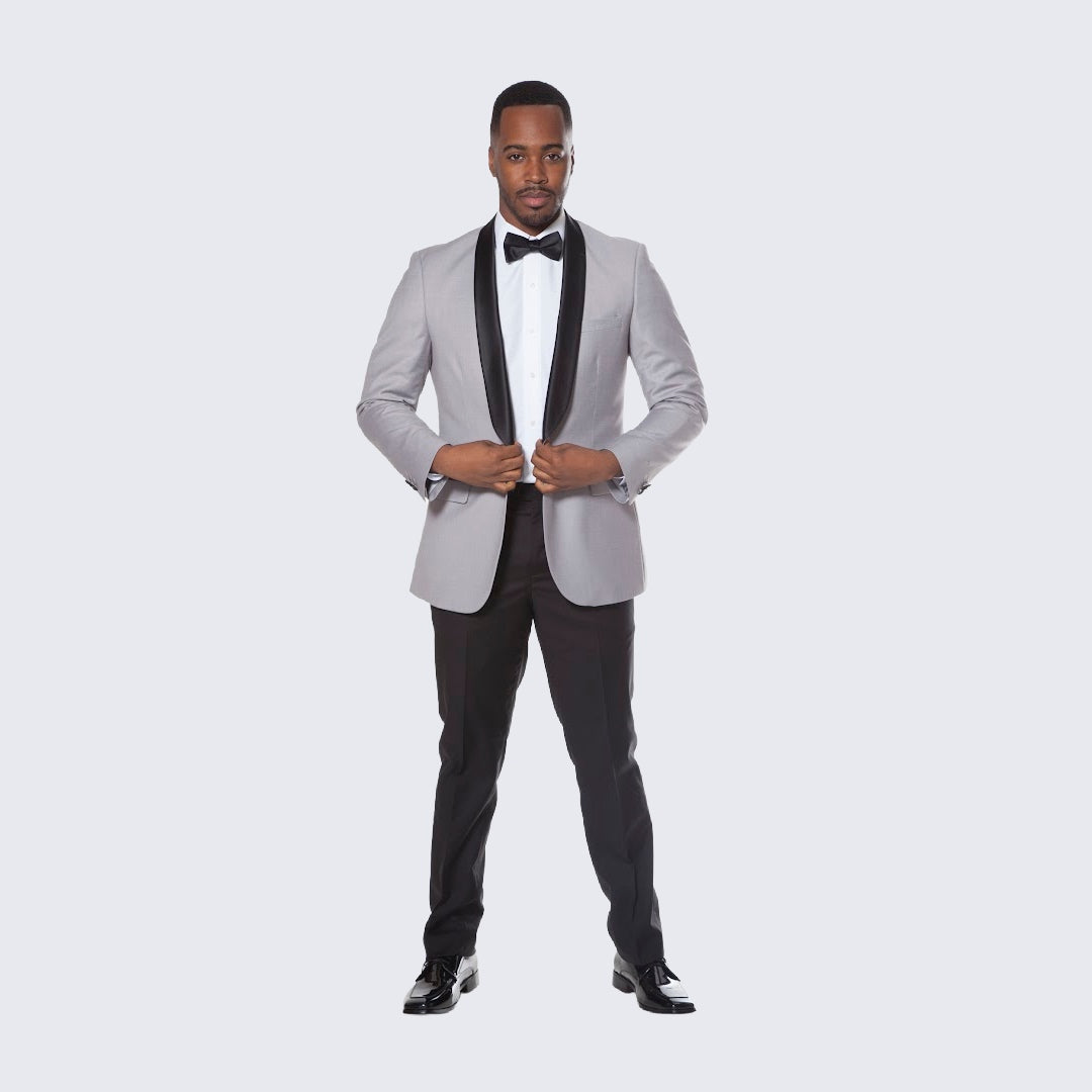 Grey Tuxedo Jacket with Black Satin Shawl Lapel – Slim Fit
