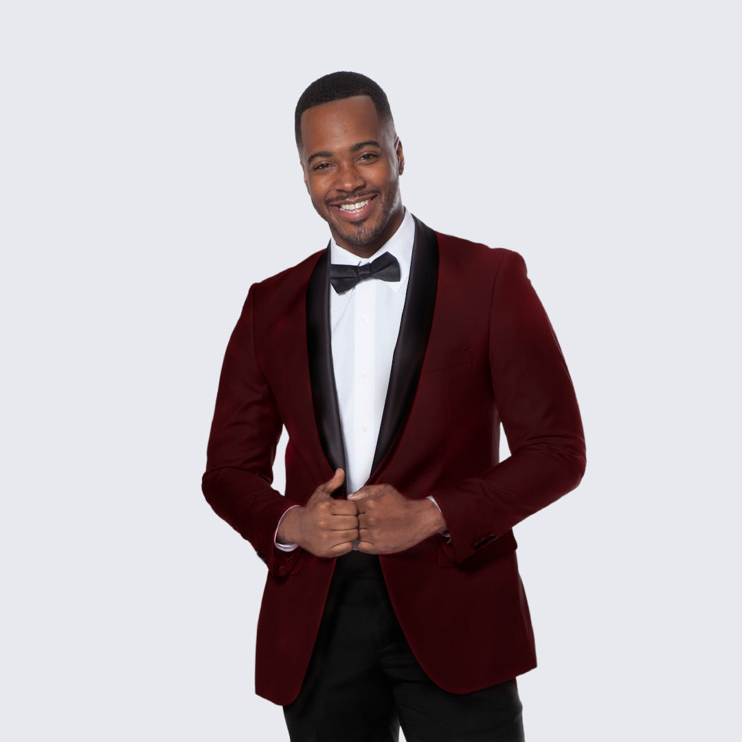 Burgundy Tuxedo Jacket, Black Satin Shawl Lapel β Slim Fit