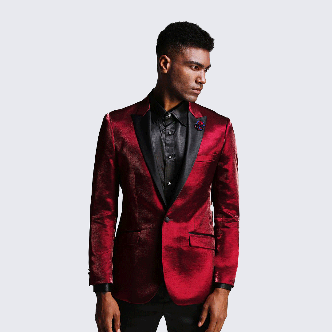 Burgundy Shiny Slim Fit Tuxedo Jacket with Peak Lapel β Wedding & Prom