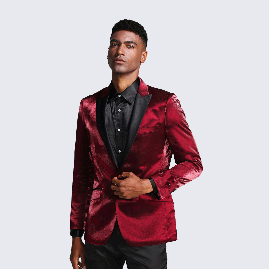 Burgundy Shiny Slim Fit Tuxedo Jacket with Peak Lapel β Wedding & Prom